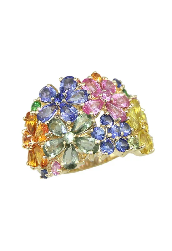 Embossed ring-Watercolors 14K Yellow Gold Multi Sapphire Floral Ring, 9.07 TCW