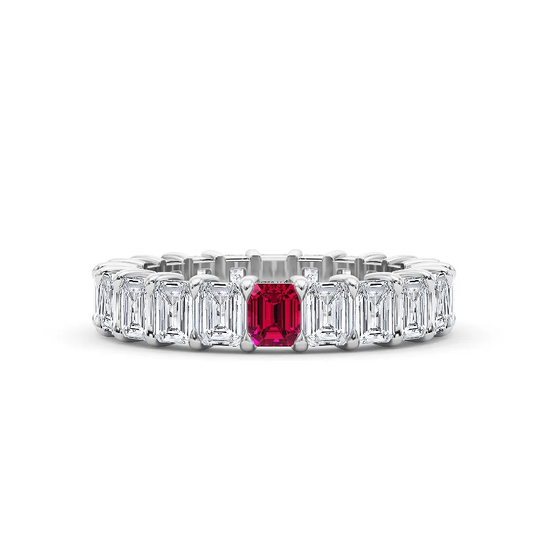 Flush-mount ring-Emerald Cut Diamond & Birthstone Eternity Band