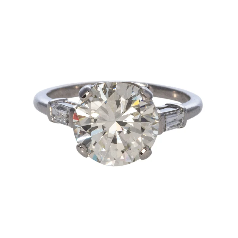 Adjustable gem ring-Estate 3.18ct Round Brilliant & .22ct Baguette Side Diamond Platinum Ring