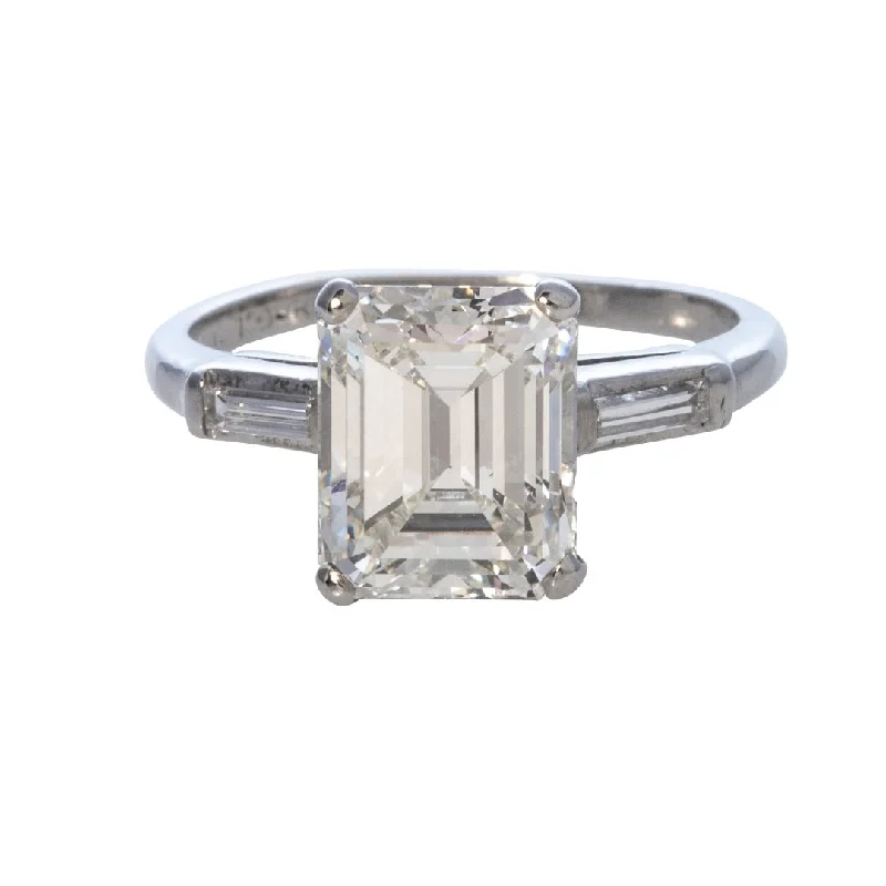 Curved gem ring-Estate 3ct Emerald-Cut & .10ct Baguette Side Diamond Platinum Ring