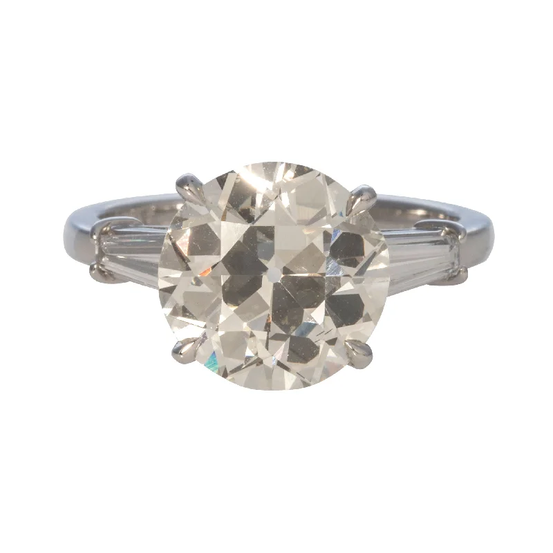 Dotted gem ring-Estate 4ct Old European Brilliant & .40ct Baguette Side Diamond Platinum Ring