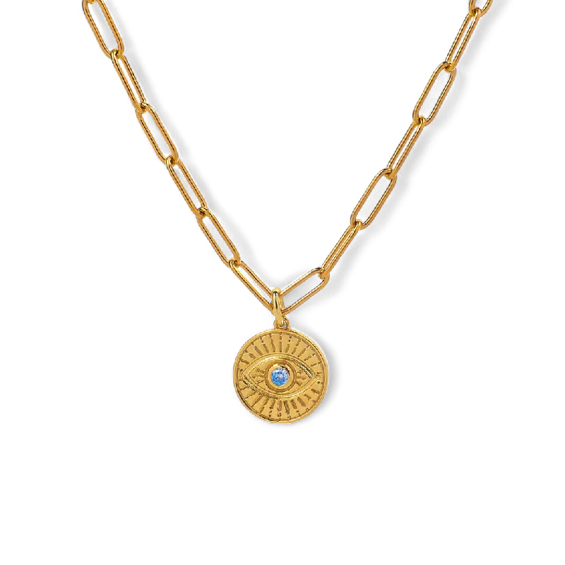 Rough-cut necklace-Evil Eye Coin Pendant Necklace with Paperclip Chain