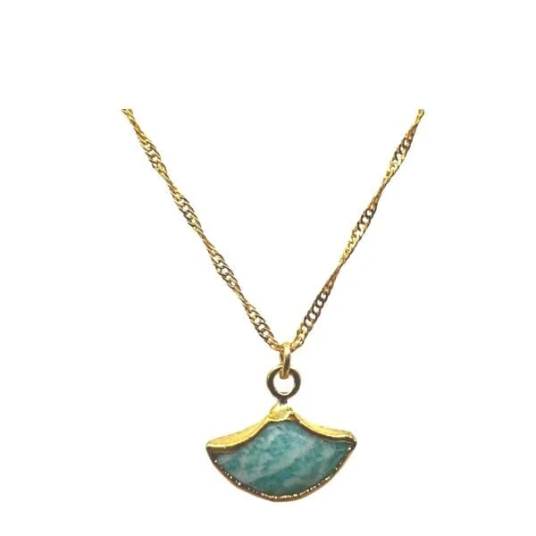 Oval gem necklace-Fan Shaped Semi Precious Stone Pendant: Amazonite (NGCP7904AZ)