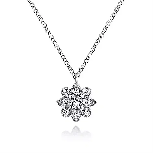 Satin gold necklace-Gabriel & Co White Diamond Flower Pendant Necklace