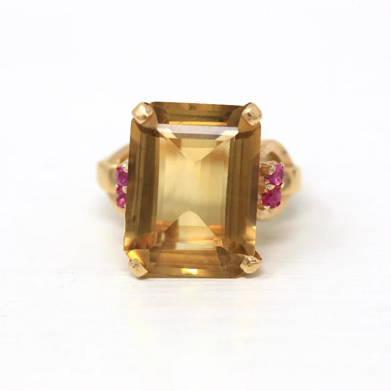 Modern pave ring-Gemstone Cocktail Ring - Retro 14k Yellow Gold Genuine 12+ CT Citrine & Ruby Gem Statement - Vintage Circa 1940s Size 6 3/4 Fine 40s Jewelry