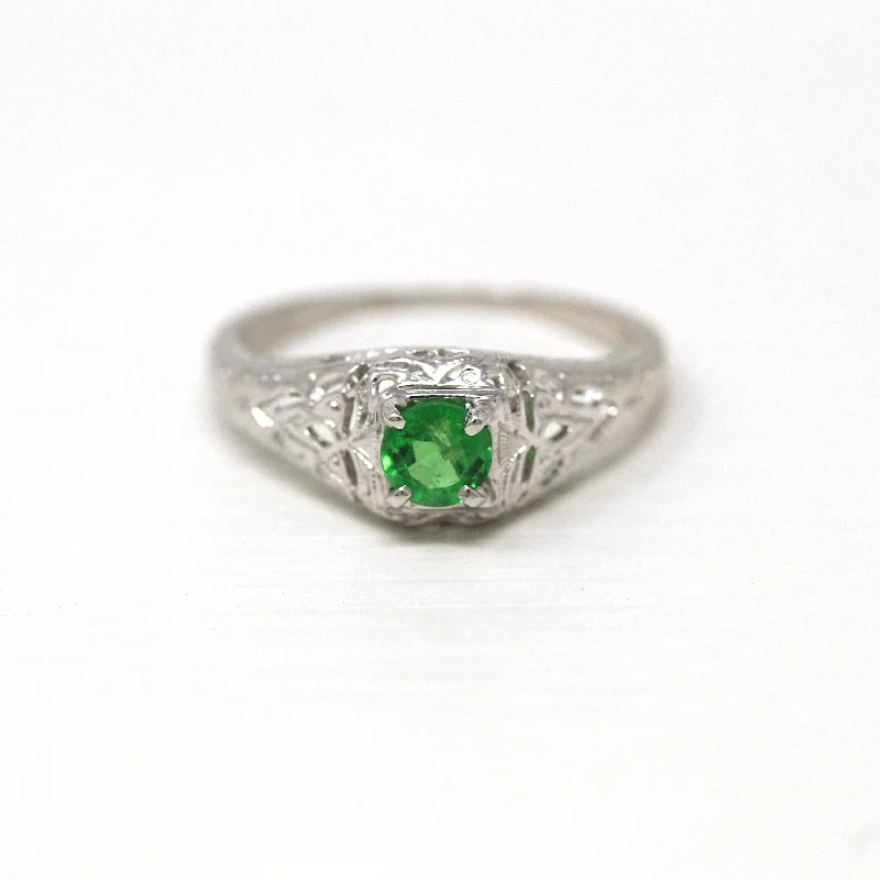 Frosted finish ring-Genuine Green Garnet Ring - Art Deco 18k White Gold Filigree Round .36 CT Grossular Gem - Vintage Circa 1930s Size 5 1/4 Solitaire Jewelry