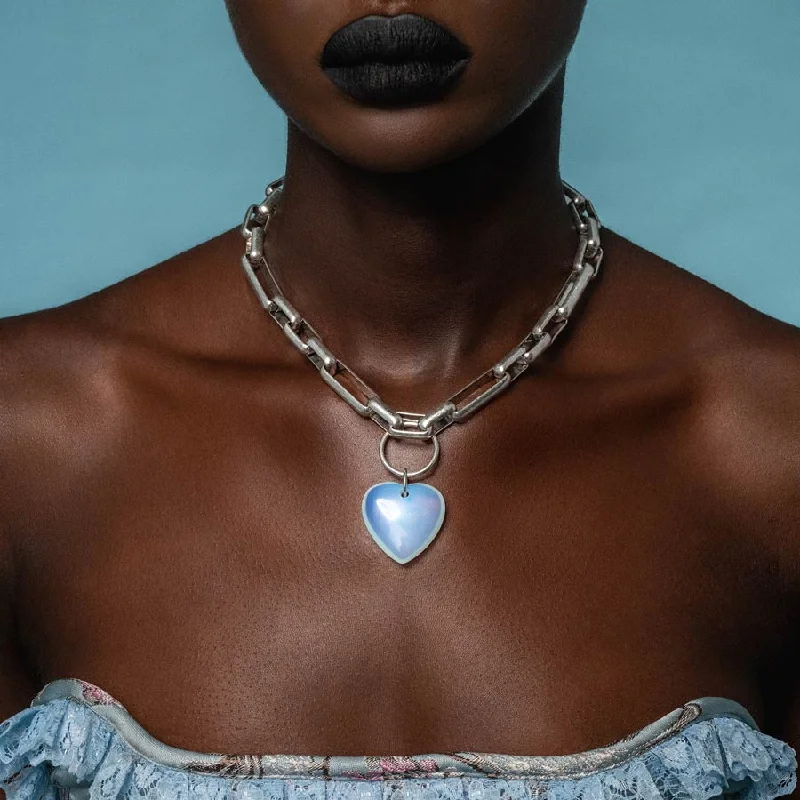 Luxe morganite necklace-GLOBULAR. Chunky Link Chain Opalite Heart Collar - Silver