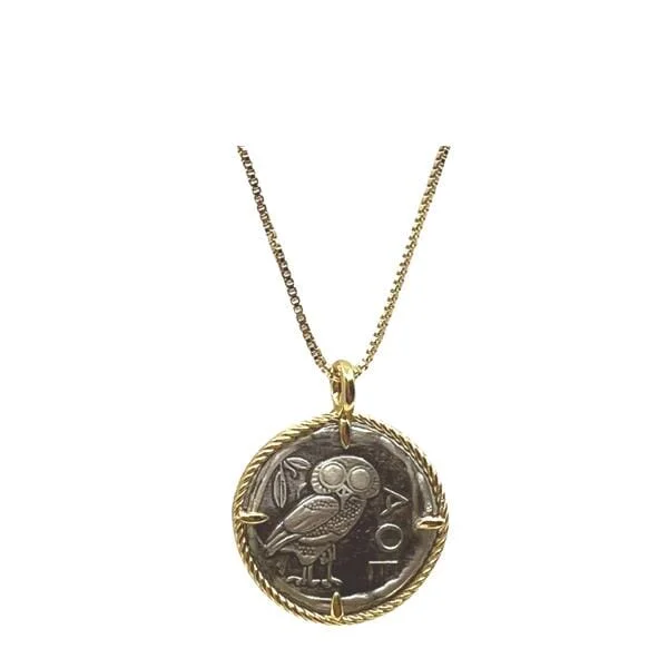 Laser-engraved necklace-Coin: Athena Owl Sterling Silver With 14kt Gold Necklace (NGCP46OWL)