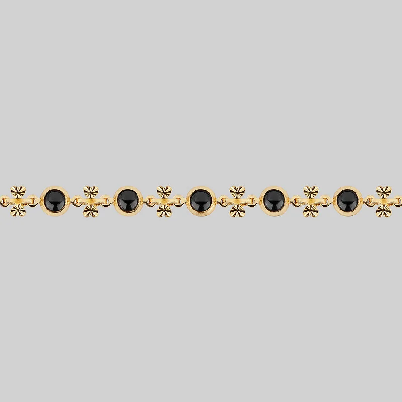 Embossed gem necklace-LISBET. Cross & Black Glass  Choker - Gold