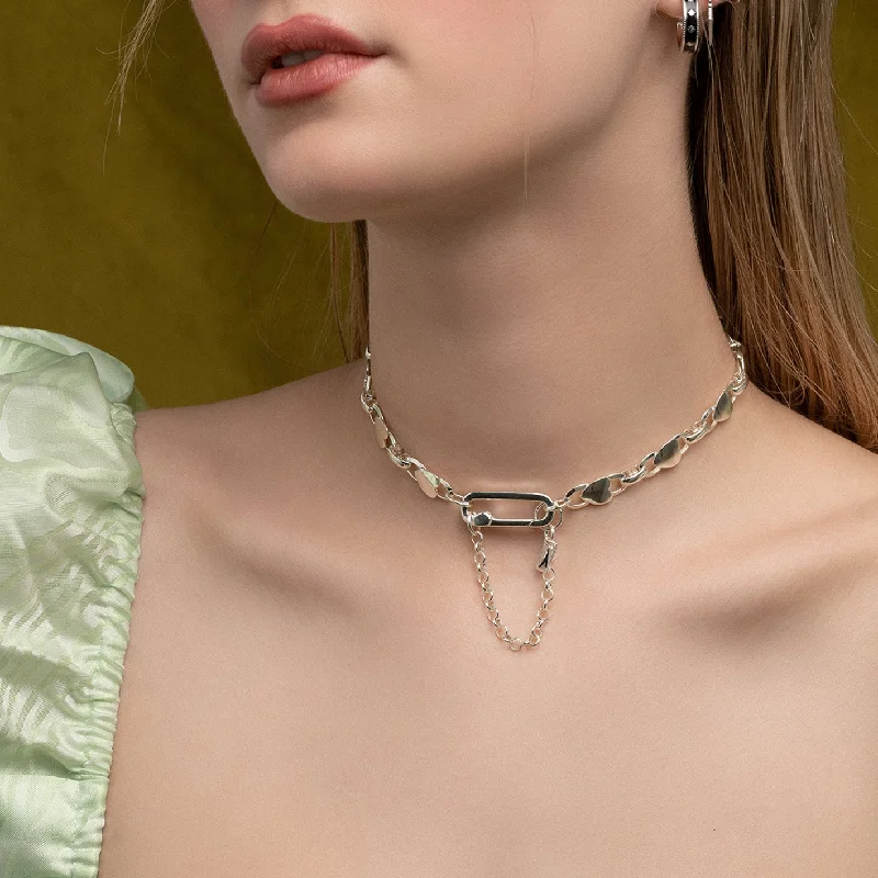 Organic gem necklace-LOVE HURTS. Heart Chain Collar - Silver