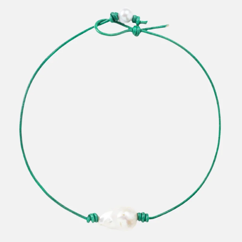 Smooth finish necklace-Metallic Sea Green Leather Choker