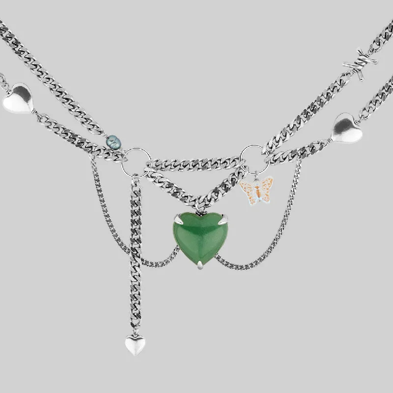 Embossed necklace-METAMORPHOSIS. Gemstone Heart & Chain Charm Necklace - Silver