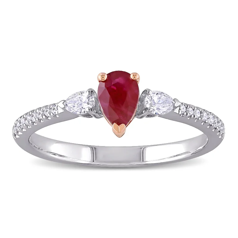 Radiant cut ring-Miadora 14k 2-tone White and Rose Gold Ruby and 1/4ct TDW Diamond 3-Stone Engagement Ring