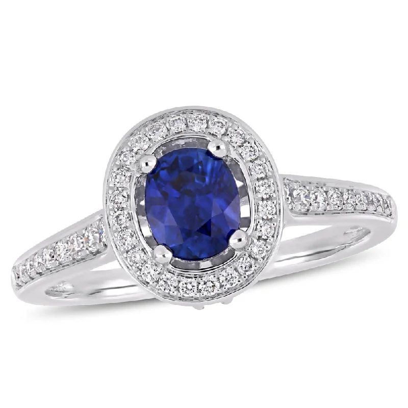 Striped band ring-Miadora 14k White Gold Sapphire & 1/2ct TDW Diamond Halo Engagement Ring