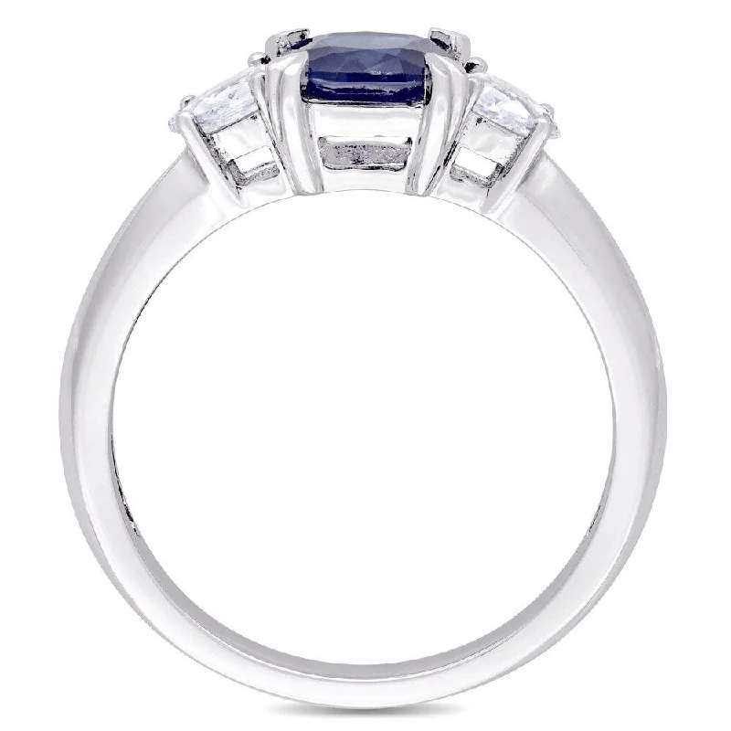 Wave-pattern ring-Miadora Signature Collection 14k White Gold Cushion-Cut Blue Sapphire and Pear-Cut White Sapphire 3-Stone Engagement Ring