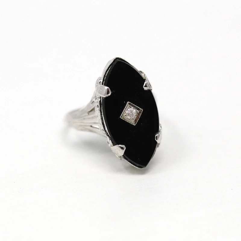 Tapered band ring-Onyx & Diamond Ring - Art Deco 14k White Gold Genuine .02 CT Gemstone Filigree - Vintage Circa 1930s Size 3.5 Lacy Flower Fine Jewelry