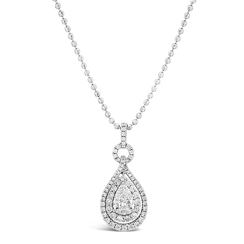 Sculpted silver necklace-Pear-Shaped Diamond Double Halo Pendant Necklace