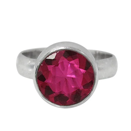 Raised gem ring-Rhodium plated on Sterling Silver, faceted round stone ring. Colour and size may vary. Approx stone size: 12mm Diameter.