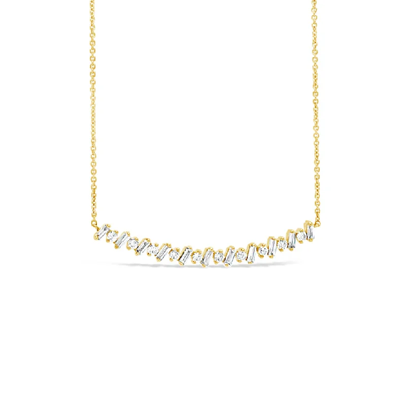 Polished rose necklace-Round & Baguette Diamond Bar Necklace