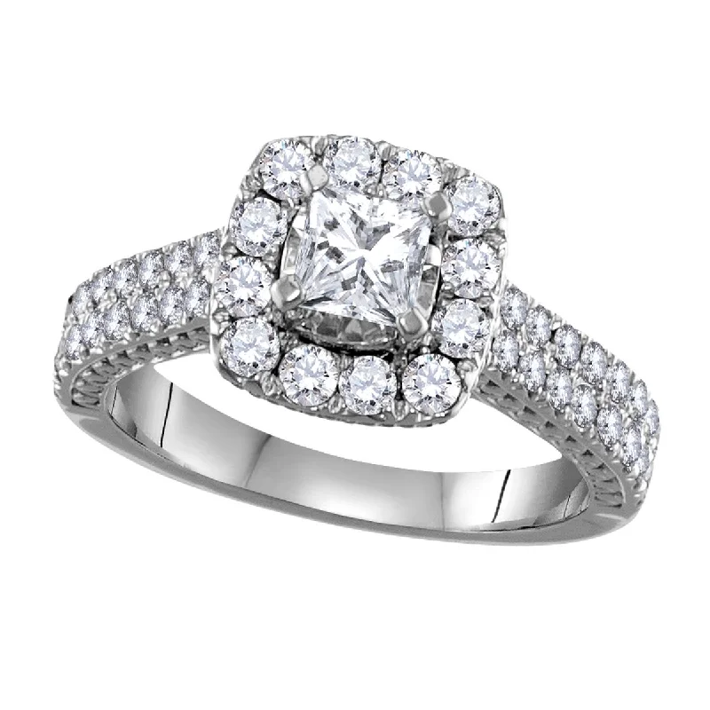 Sparkling crystal ring-Signature 1 1/2 CTW Diamond Halo Engagement Ring in 14KT White Gold