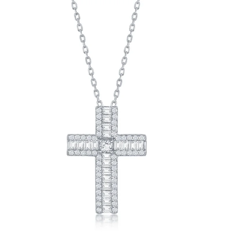 Modern layered necklace-Silver Baguette CZ Cross Pendant Necklace