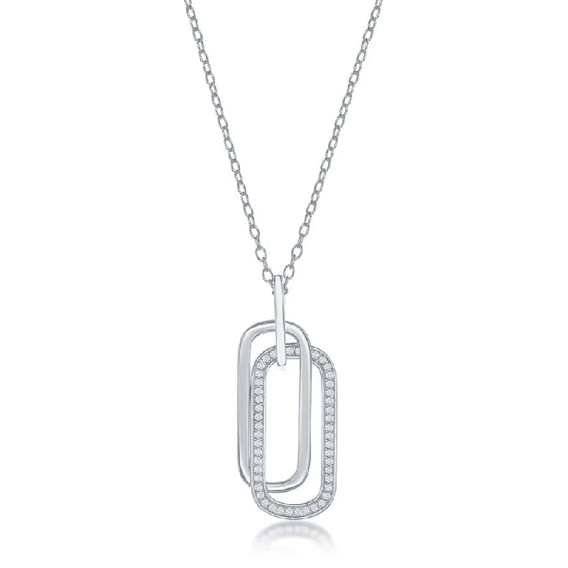 Floral engraved necklace-Silver Double Oval CZ Necklace