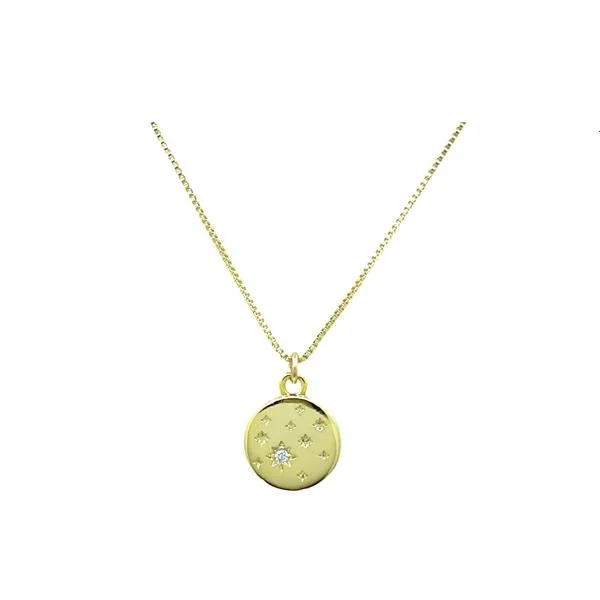 Etched design necklace-Small Disk CZ Star Charm Necklace: 18Kt Gold Fill (NGCH4654)