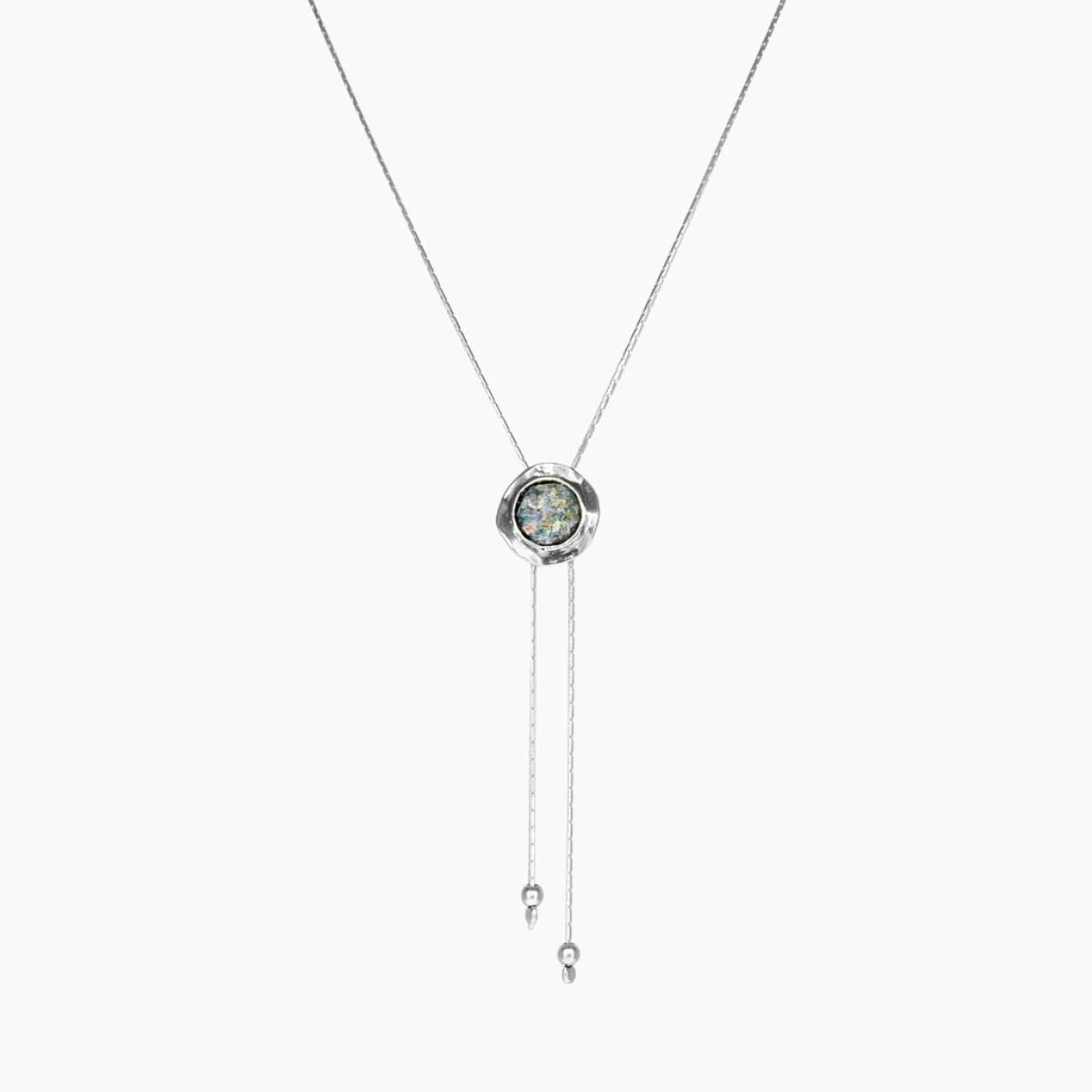 Flat-bar necklace-Small Roman Glass Round Bolo Necklace in Detailed Sterling Silver