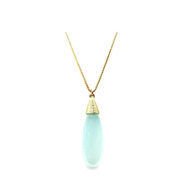 Iridescent stone necklace-Smooth Long Pear Shape Semi Precious Necklace: Aqua Chalcedony (NGCP79CH)