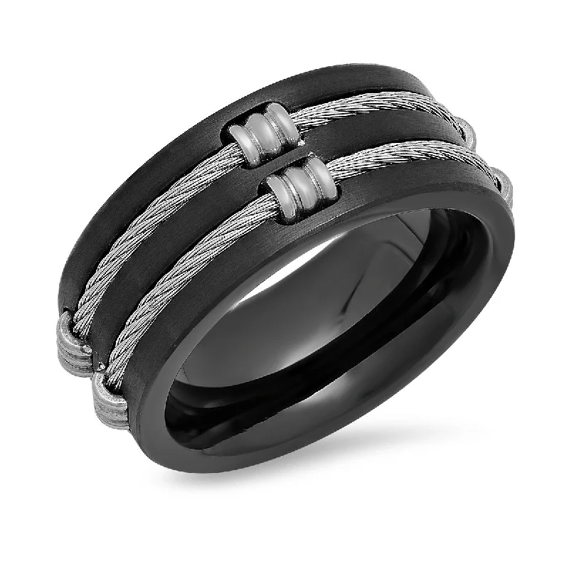 Simple topaz ring-Black Stainless Steel Wire Inlay Rings