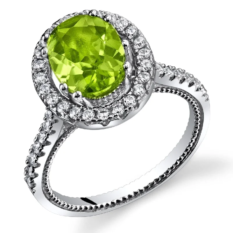 Classic solitaire ring-Sterling Silver 2 ct Peridot Halo Ring