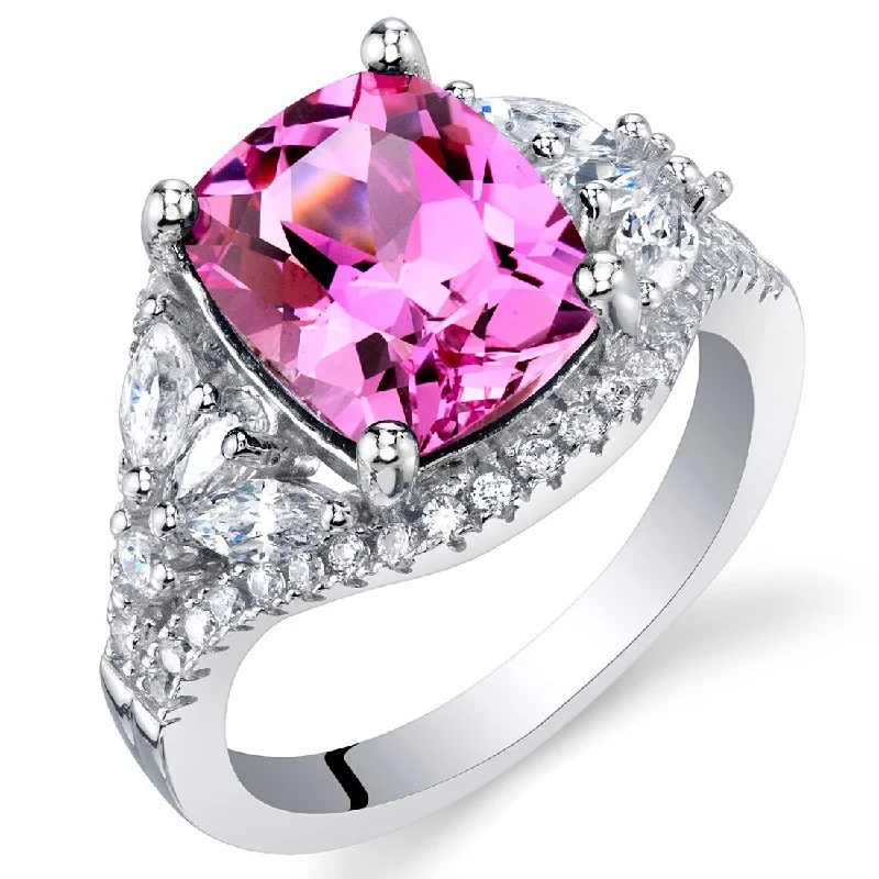 Linked chain ring-Sterling Silver 4 ct Created Pink Sapphire Birthstone Ring