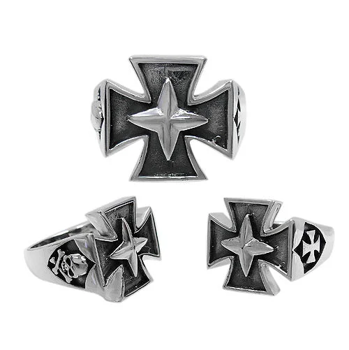 Concave ring-Sterling silver cross ring with skull, 20mm frame