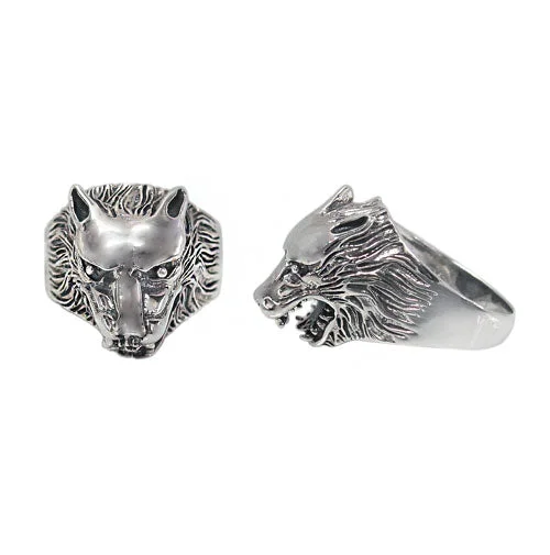 Wire-twist ring-Sterling Silver, detail wolf head ring. Approximate frame size: 20mm Width.