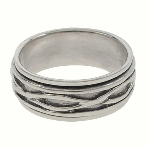 Sterling Silver, fancy style, smooth spin ring with wave design. Approx size: 9mm Width.