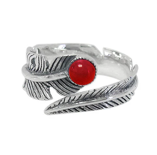 Three-stone ring-Sterling Silver, feather ring with 4mm red shell, 13mm width