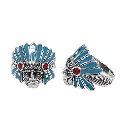 Hollowed-out ring-Sterling silver, Indian Chief head ring, 23mm width