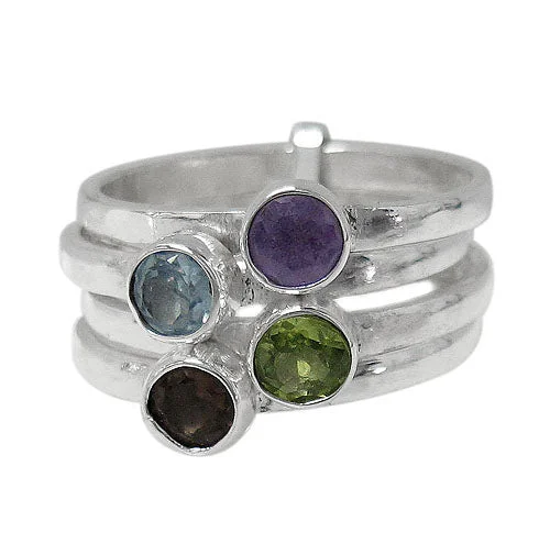 Sun motif ring-Sterling silver, multi stone (amethyst, blue topaz, peridot, smoky quartz) stack ring with 4 band. Approx size: 12mm Width.