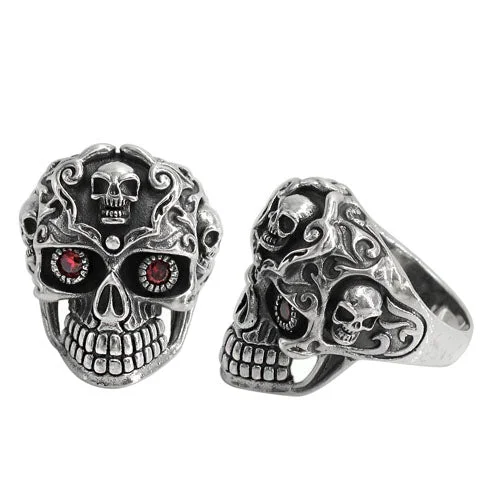 Futuristic ring-Sterling silver, skull ring with red cubic zirconia, 30mm width