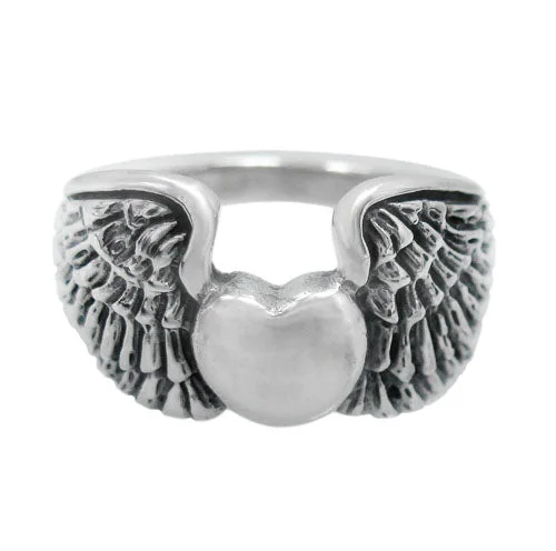 Sunken stone ring-Sterling Silver, unique style ring with heart and wing design. Approx size: 14mm Width.