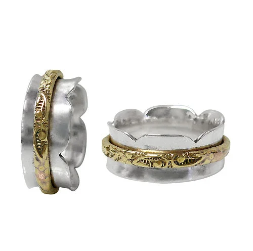 Embossed gem ring-Sterling Silver with brass band, 2 tone meditation ring. Approx size: 10mm Width.