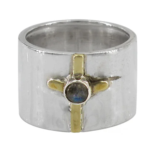 Floral engraved ring-Sterling silver with gold cross ring, 4mm labradorite stone, 15mm band.