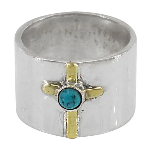 Sculptural gold ring-Sterling silver with gold cross ring, 4mm synthetic turquoise stone, 15mm band.