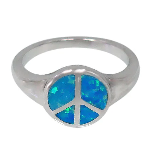 Wraparound ring-Sterling silver with rhodium, 10.5mm peace sign ring with emulated opal stone.