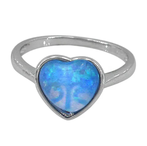 Chevron gem ring-Sterling silver with rhodium, 11mm heart ring with emulated opal stone and 2mm band.