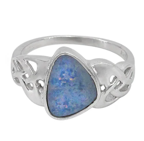 Claw-set ring-Sterling silver with rhodium, 11x9mm Australian opal stone ring with Celtic knot design, colour and size may vary.