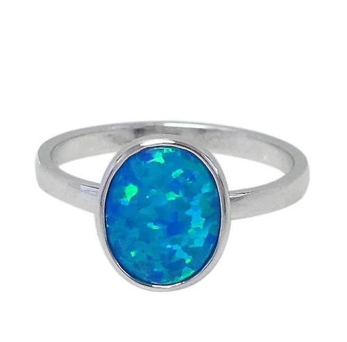 Delicate topaz ring-Sterling silver with rhodium, 11x9mm emulated opal stone ring.