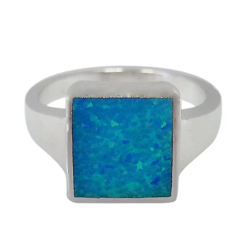 Convex ring-Sterling silver with rhodium, 12mm emulated opal stone ring.