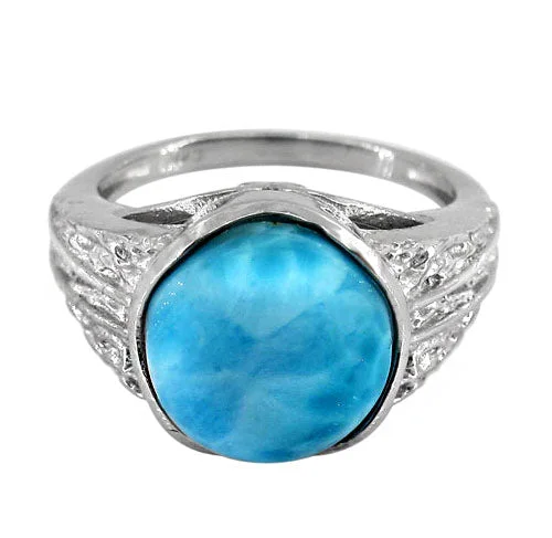 Statement turquoise ring-Sterling silver with rhodium, 12mm larimar stone ring, colour and size may vary.