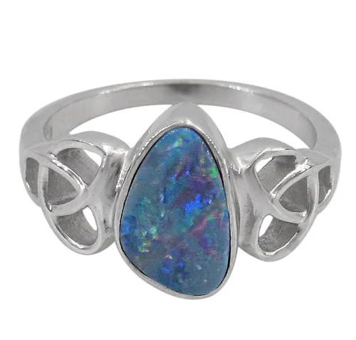 Angular stone ring-Sterling silver with rhodium, 12x11mm Australian opal stone ring with Celtic knot design, colour and size may vary.